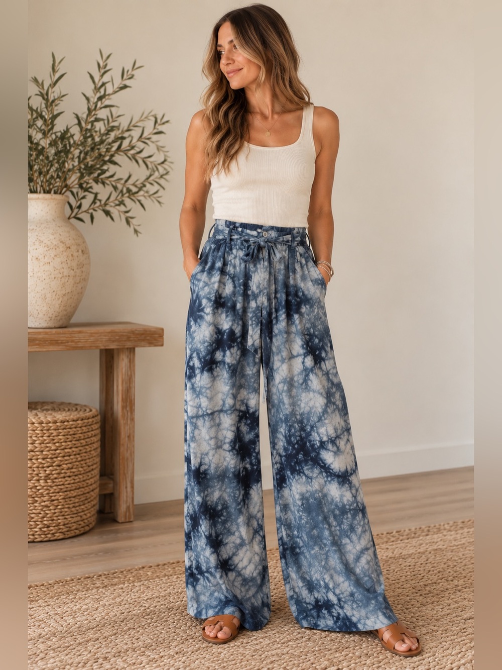 Cloth & Stone Anthropologie Blue Tie Dye Wide Leg Pants M Tencel